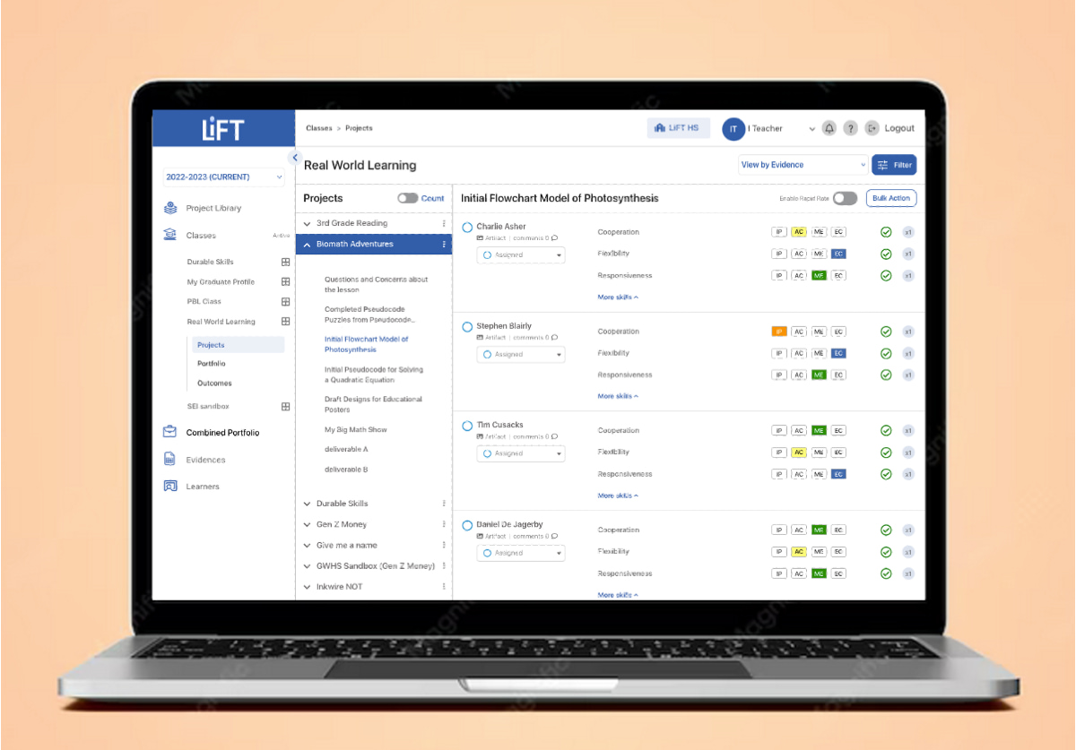 Teacher view — clear connections between evidence and skills in LiFT
